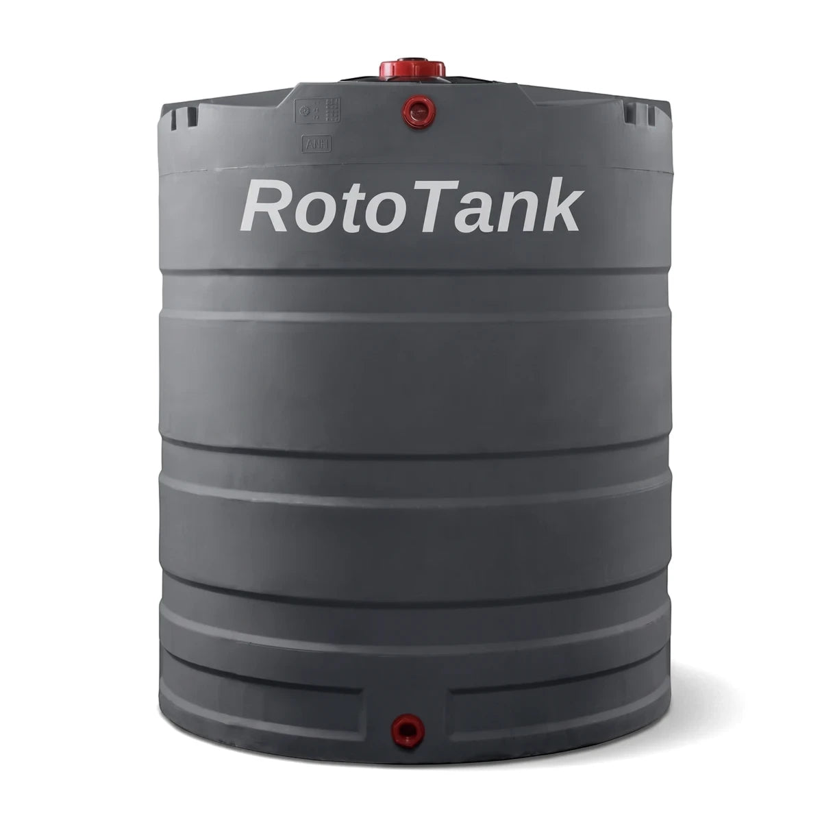 Dark grey PVC RotoTank 2500L water storage tank with a ribbed design and red caps on a white background.