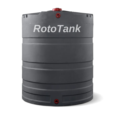 Dark grey PVC RotoTank 2500L water storage tank with a ribbed design and red caps on a white background.