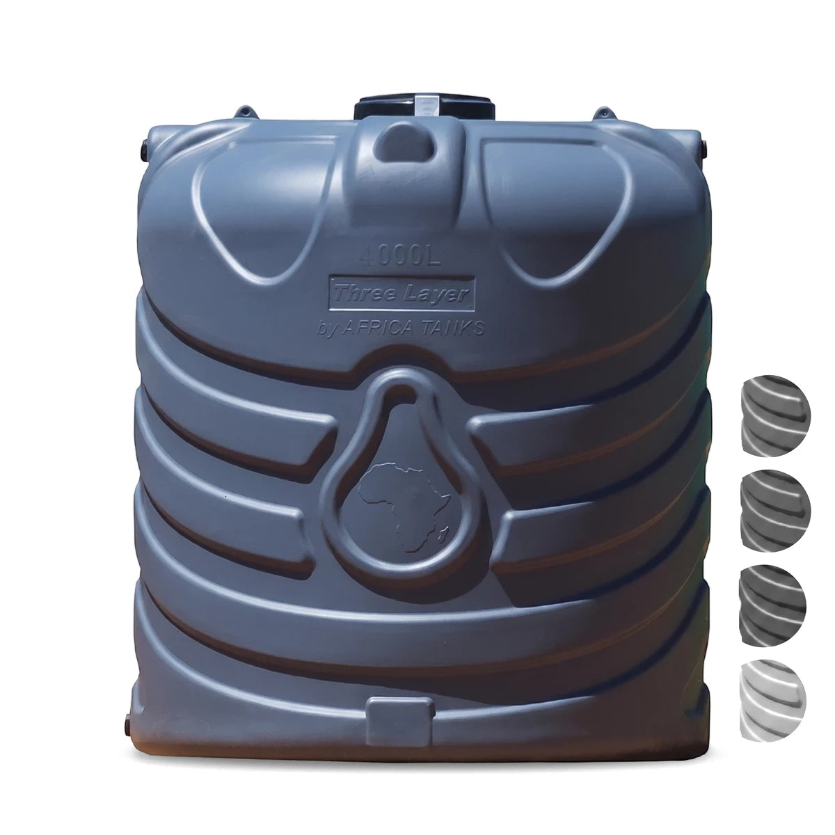 PVC Water Tank 4000L in light grey, front view of ribbed three layer storage tank with top lid opening.