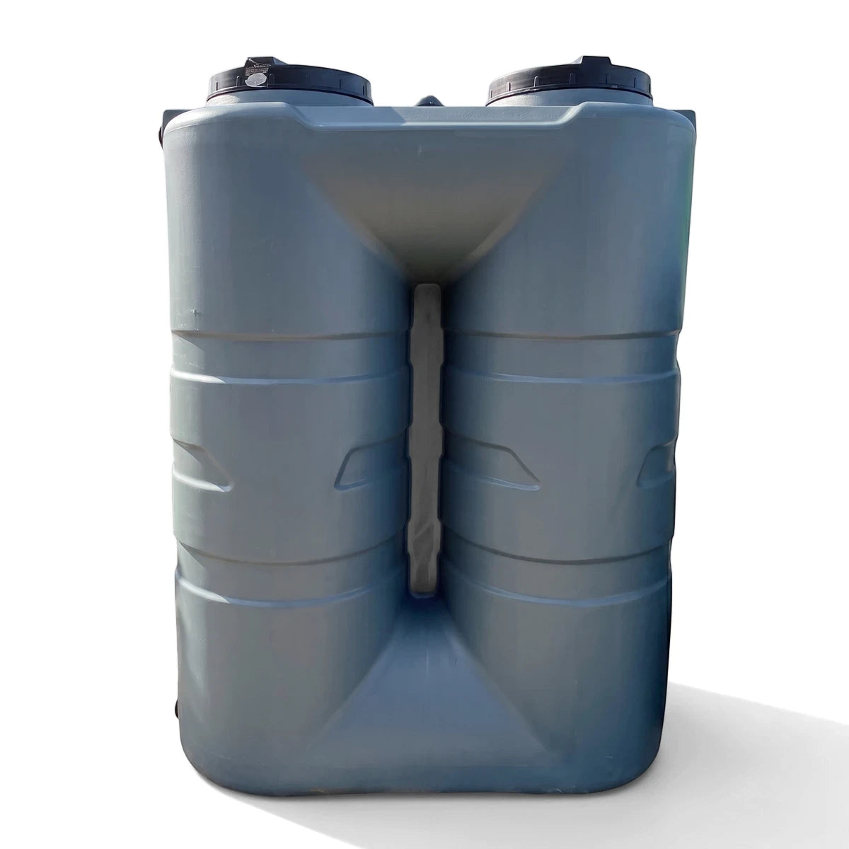 A slimline 1600L grey-green PVC water tank with a ribbed design, shown from a front view.