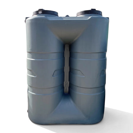 A slimline 1600L grey-green PVC water tank with a ribbed design, shown from a front view.