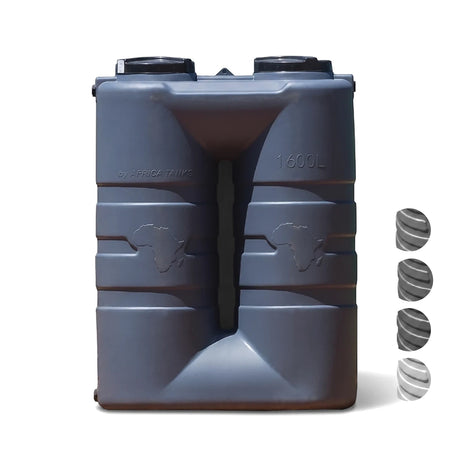 Light grey 1600L PVC slim line water tank from Africa Tanks, with embossed maps and color swatches. Front view.