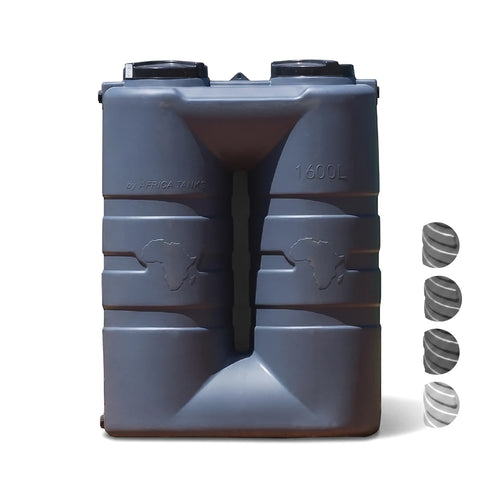 Light grey 1600L PVC slim line water tank from Africa Tanks, with embossed maps and color swatches. Front view.