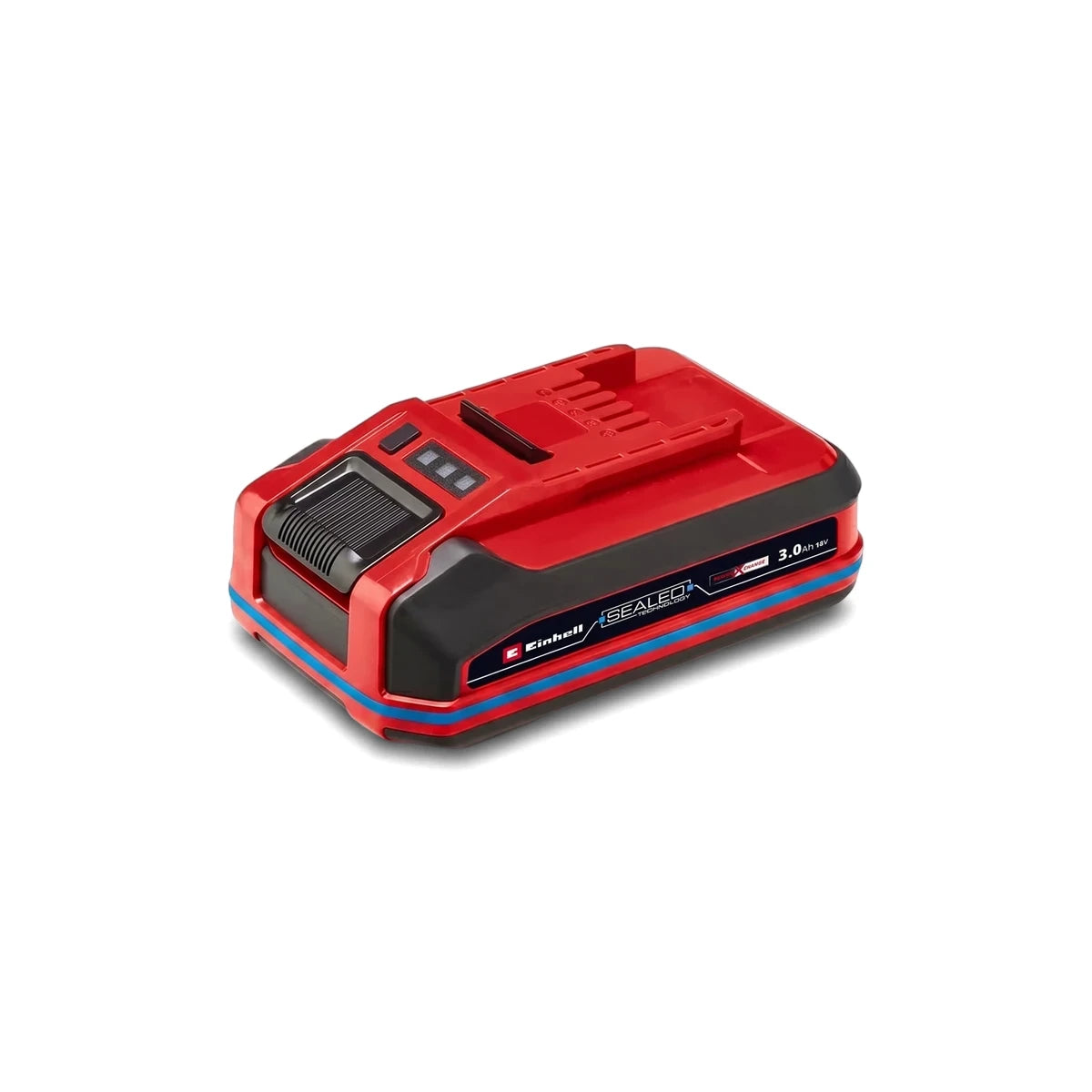 Pxc Plus 18V 3.0Ah Sealed Battery, a red and black power tool battery, shown in an angled view.