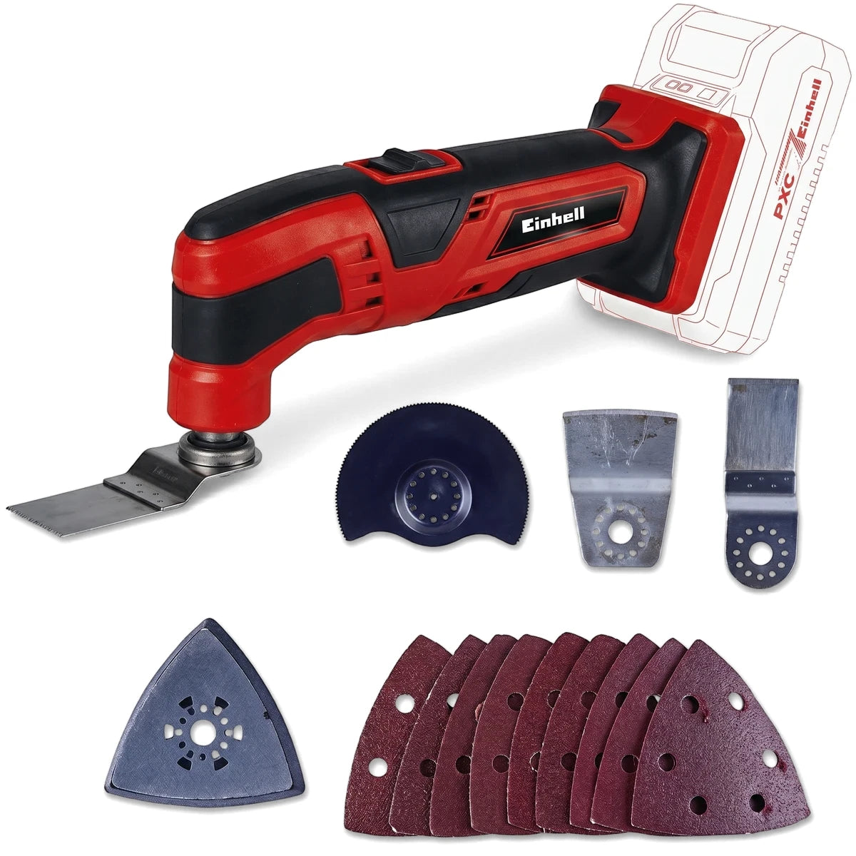 Red and black Pxc Tc-Mg 18 Li Cordless Multifunctional Tool with various saw blades, scrapers, and sanding accessories.