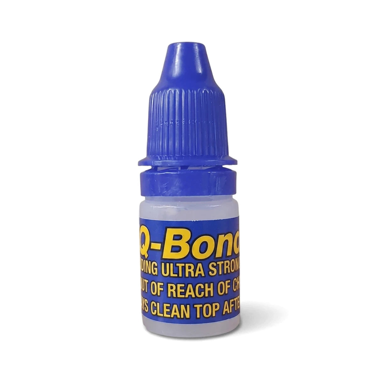 Q Bond 5ml Super Glue Qb1 in a small clear plastic bottle with a blue cap and yellow label, shown against a white background.