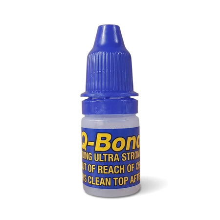 Q Bond 5ml Super Glue Qb1 in a small clear plastic bottle with a blue cap and yellow label, shown against a white background.