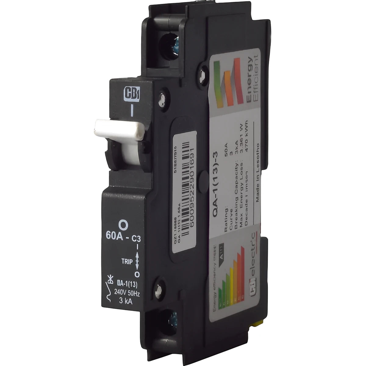 Black Qa-1(13)-3-25A Blister Pack circuit breaker with a white toggle switch and an energy efficient rating label.