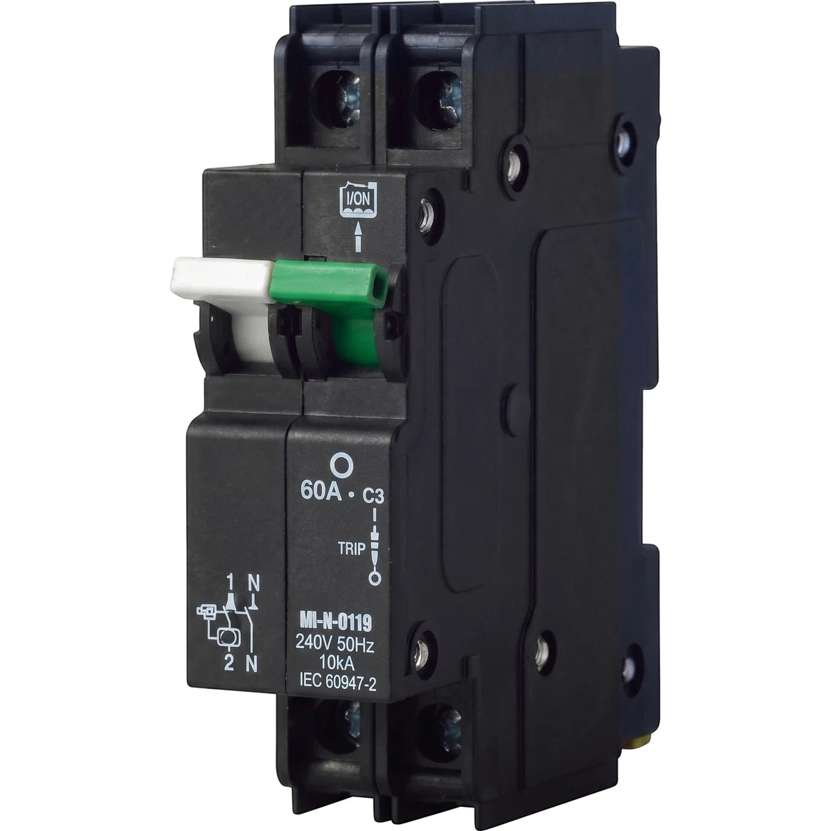 Black Qa-N-2(13)-D-3-60A electrical switch with white and green toggle for circuit protection.