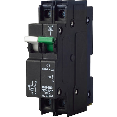 Black Qa-N-2(13)-D-3-60A electrical switch with white and green toggle for circuit protection.