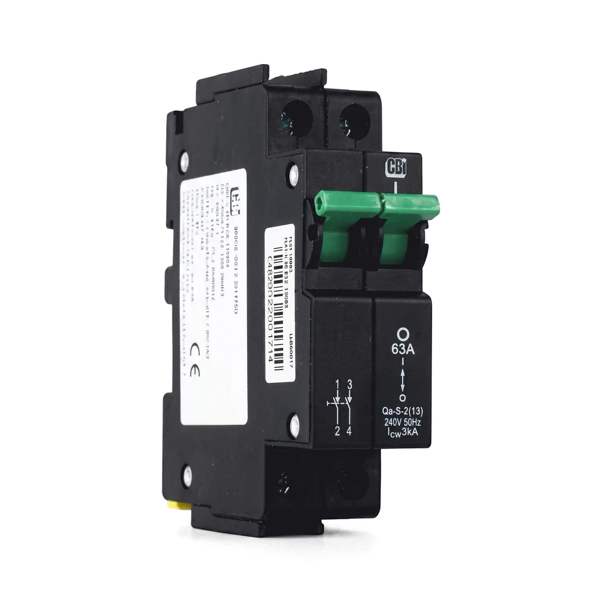 Qa-S-2(13)-D-63A 63A circuit breaker switch in black with two prominent green toggles and white labels, an electrical