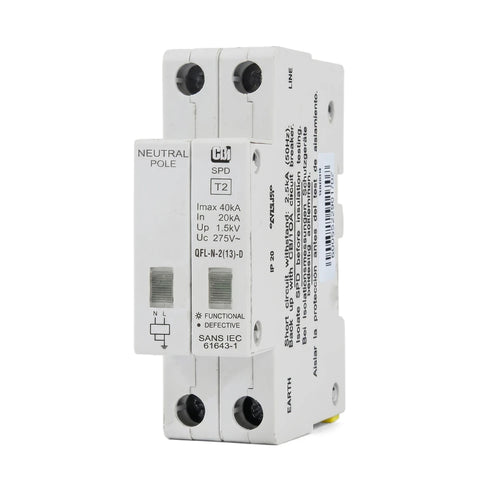 Qfln-2(13)D modular surge protective device for electrical safety, white and black with yellow detail, isolated on a white