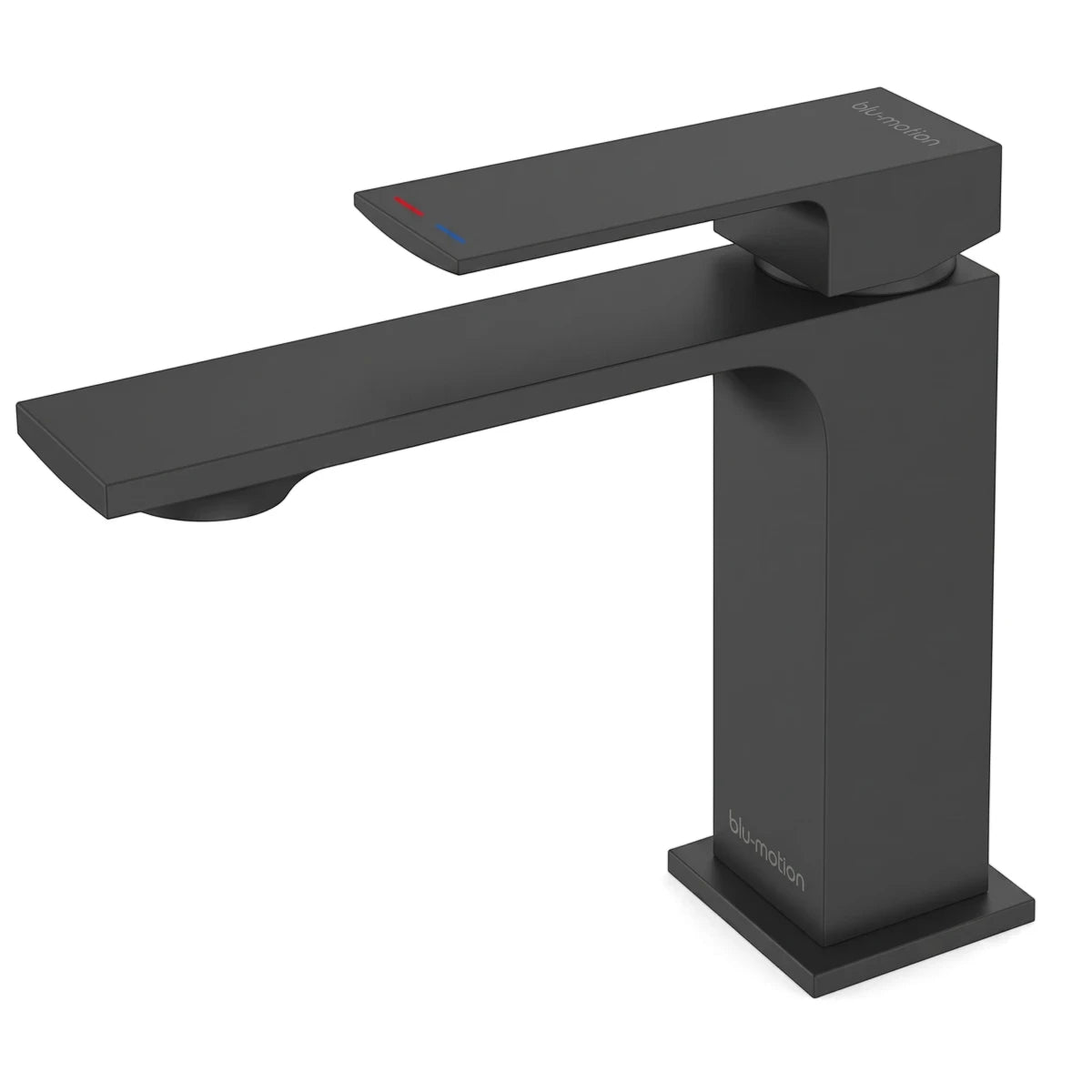 Quaddro Black Basin Mixer, a matte black single-lever faucet for bathroom sinks, shown from an angled front view.