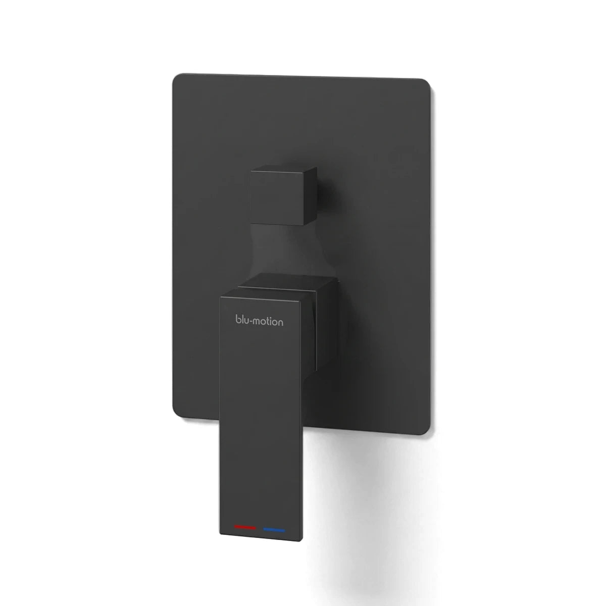 Quaddro black shower diverter mixer with two square handles, a matte finish, and a 'blu-motion' logo, seen from a front view.