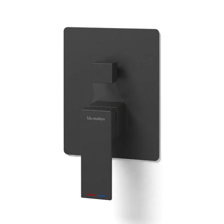 Quaddro black shower diverter mixer with two square handles, a matte finish, and a 'blu-motion' logo, seen from a front view.