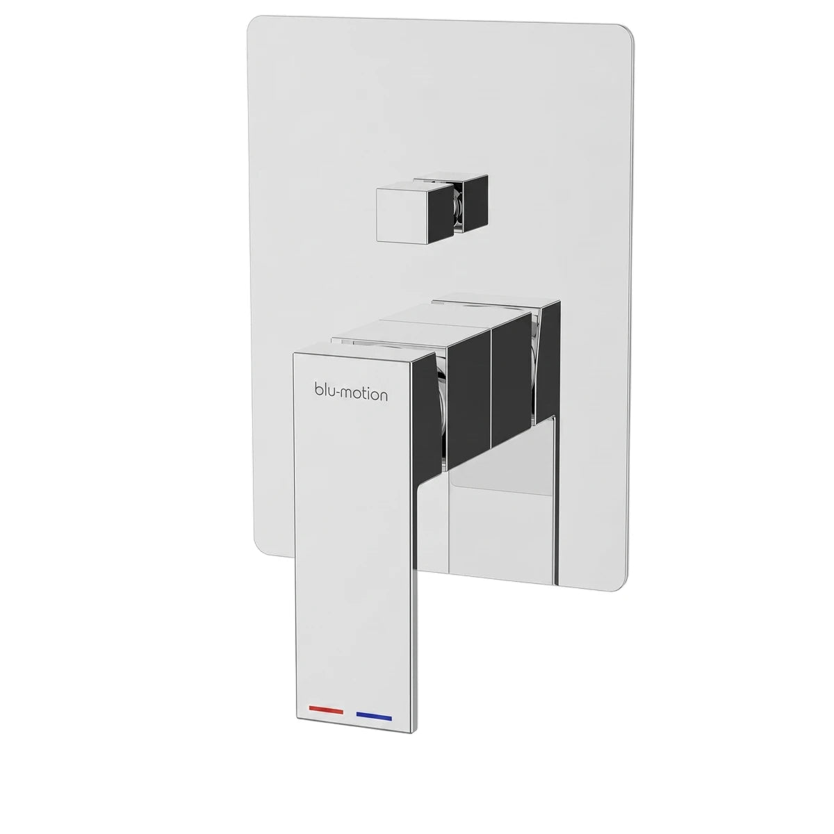 Quaddro Diver Cover Plate Shower Parts in chrome finish, featuring a vertical lever with 'blu-motion' branding, designed for