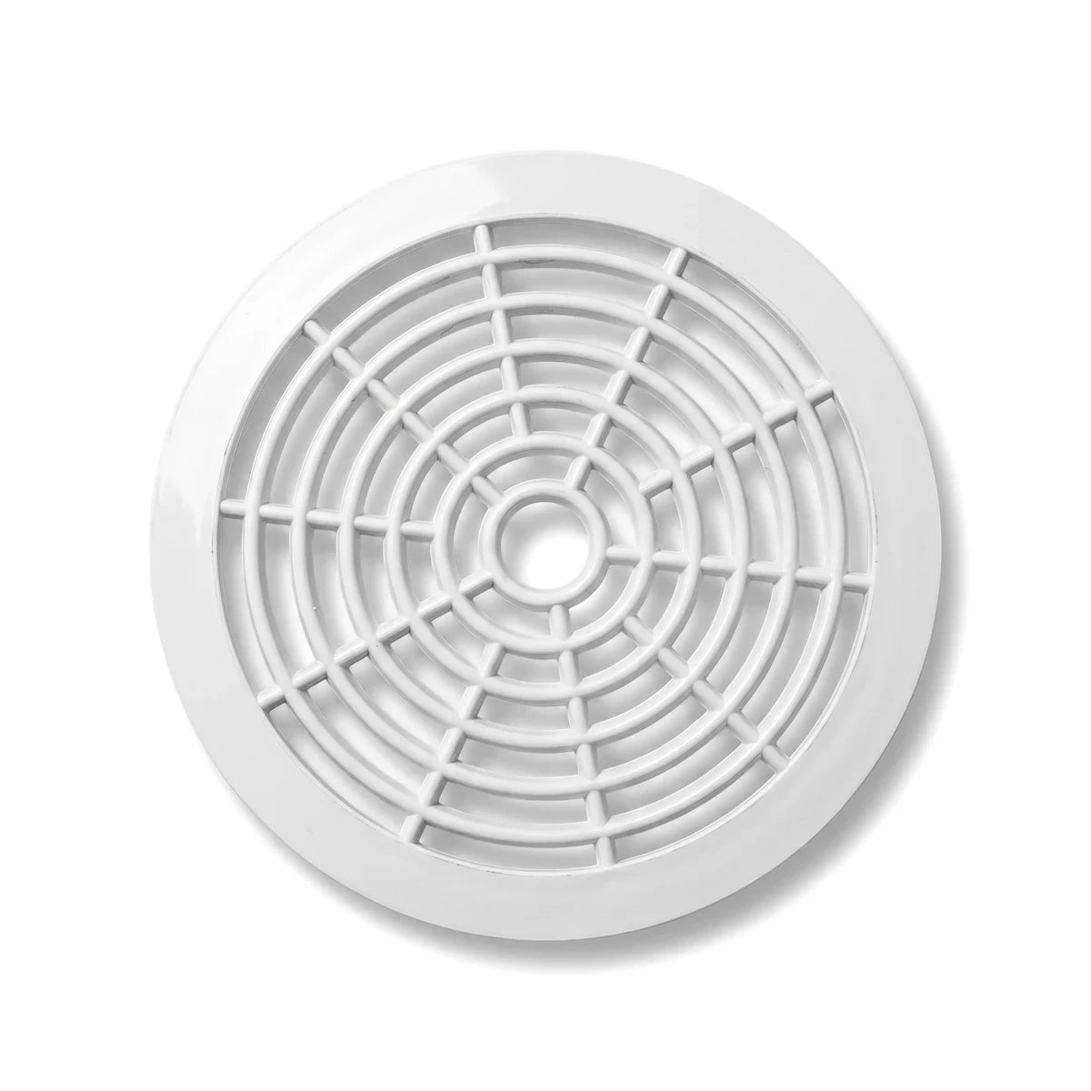 A white, circular plastic quality pool bottom drain body with a grid pattern, viewed from directly above on a plain
