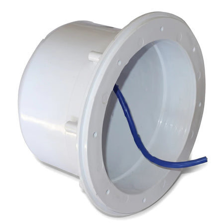 White Quality Pool Light Body with Housing, featuring a wide flange and blue cable for secure installation.