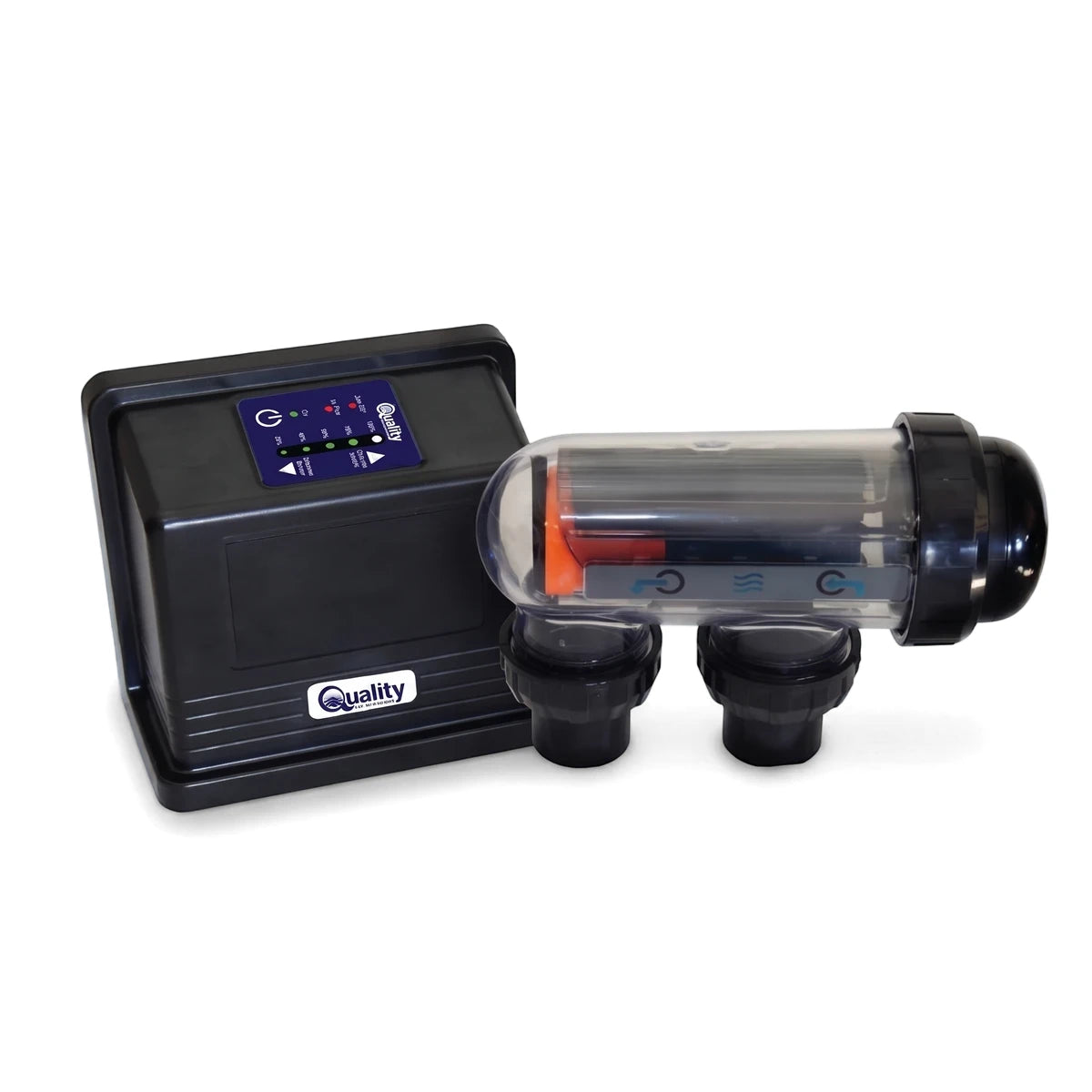 Quality Q25 Salt Water Chlorinator, a black control box and clear cell for pool water purification system.