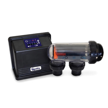 Quality Q25 Salt Water Chlorinator, a black control box and clear cell for pool water purification system.