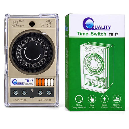 Quality TB 17 time switch and its green retail packaging, designed for pool pumps, shown from a front-facing perspective.