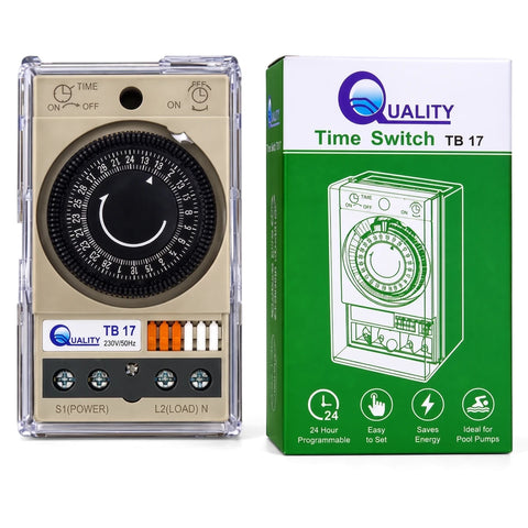 Quality TB 17 time switch and its green retail packaging, designed for pool pumps, shown from a front-facing perspective.