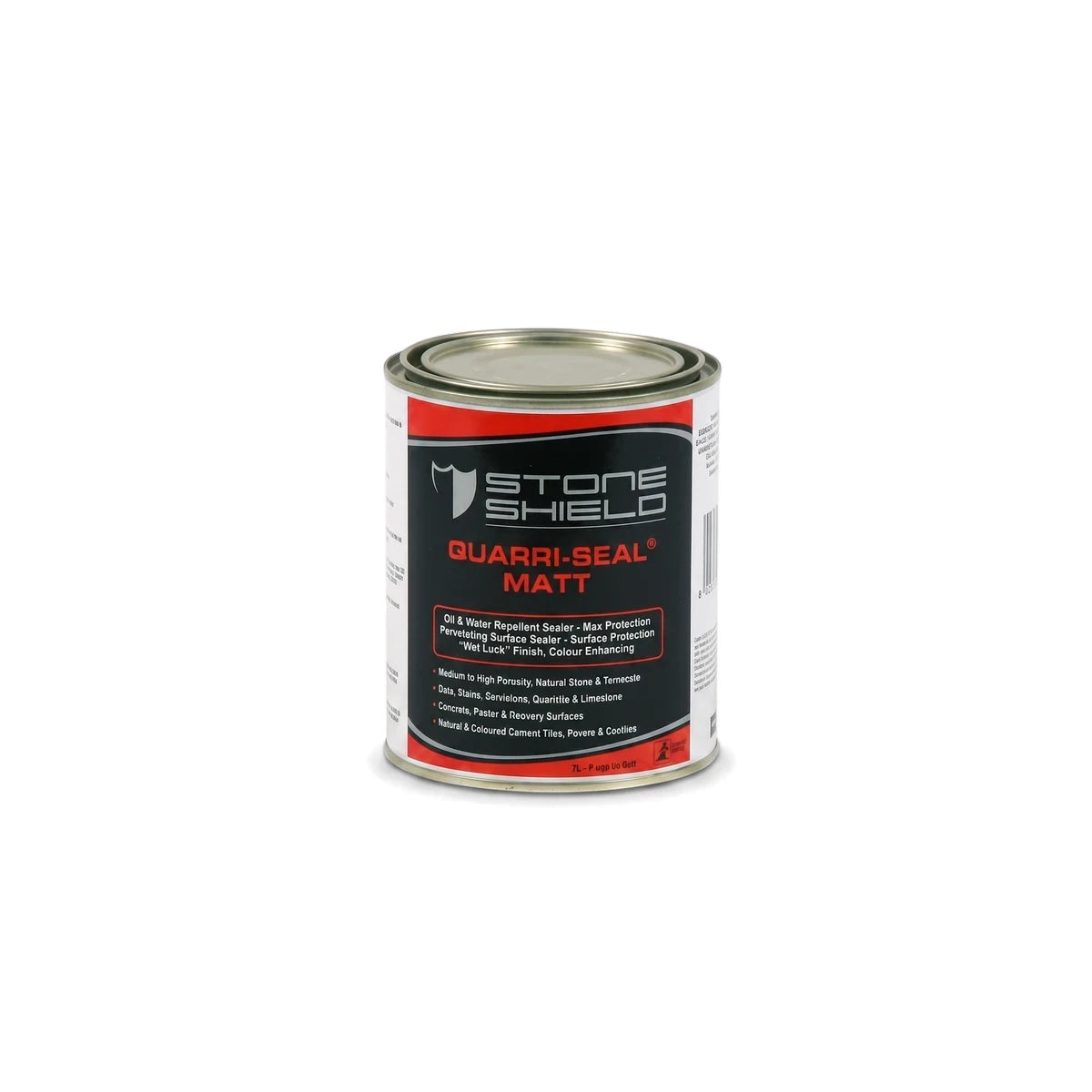 Quarri-Seal Matt sealer in a cylindrical metal can with a red and black label, featuring product details and branding.
