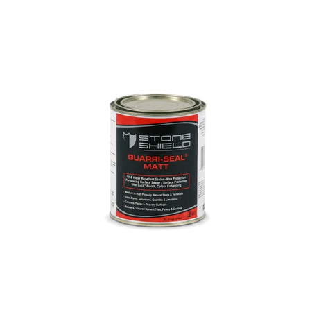 Quarri-Seal Matt sealer in a cylindrical metal can with a red and black label, featuring product details and branding.