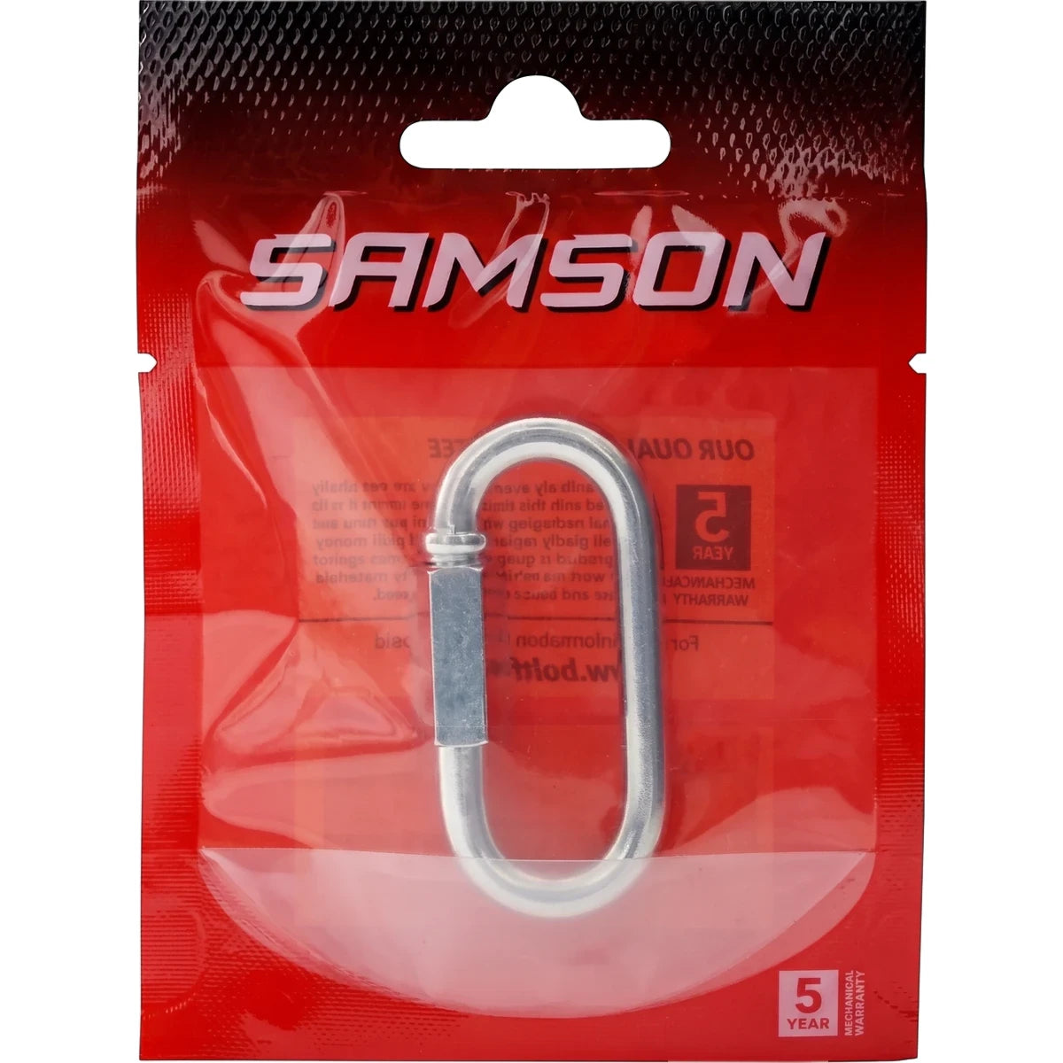 Silver metallic Quick Link M6 Padlock in red and clear plastic packaging, featuring the Samson logo and product details.