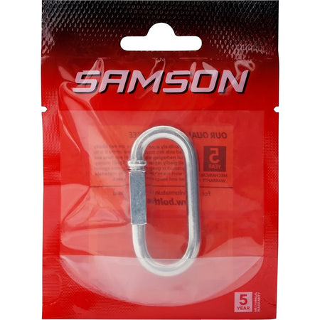 Silver metallic Quick Link M6 Padlock in red and clear plastic packaging, featuring the Samson logo and product details.