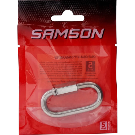 Silver metallic Quick Link M6-Ss 304 Padlock displayed in its transparent red retail packaging.