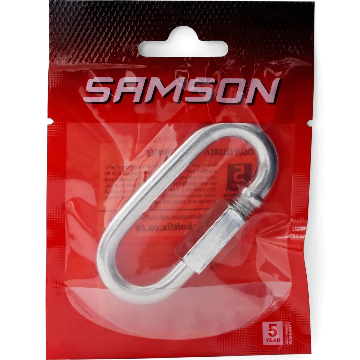 Silver metallic Quick Link M8 Padlock packaged in a sealed red plastic bag with the Samson logo and a 5-year warranty label.