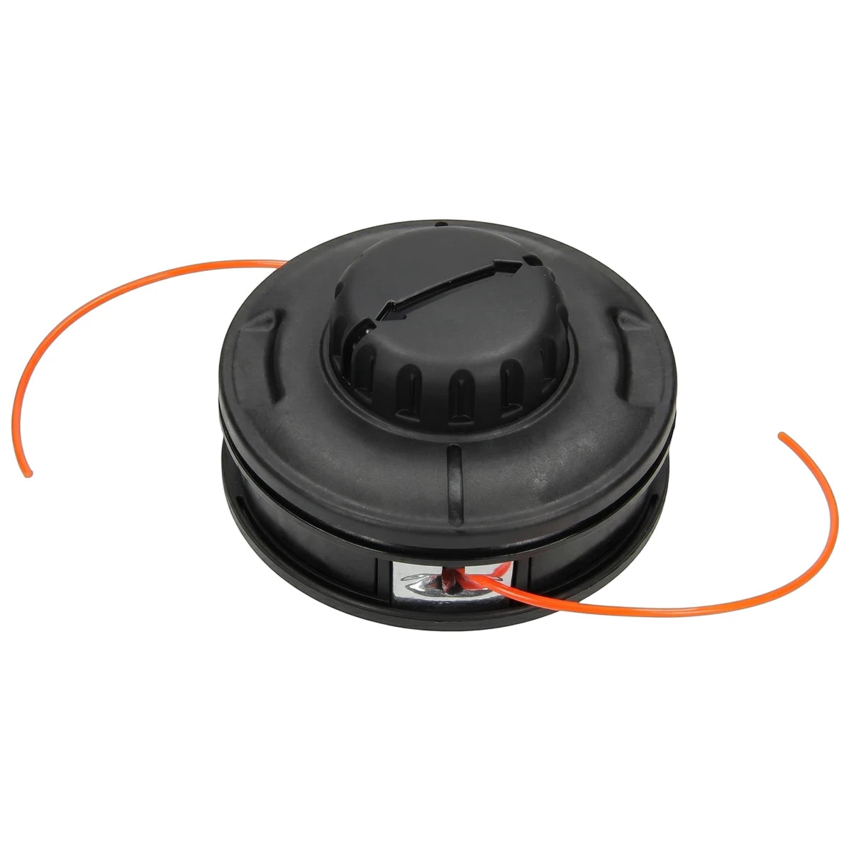 Black 130mm quick-load nylon trimmer head for string trimmers, shown with bright orange cutting line on a white background.