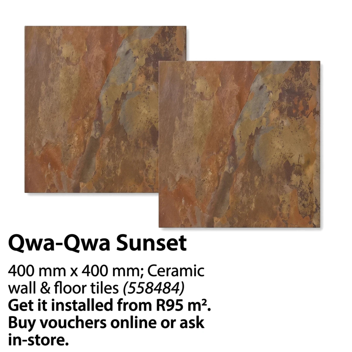 Two Qwa-Qwa Sunset 400x400mm ceramic wall and floor tiles in earthy, reddish-brown tones.