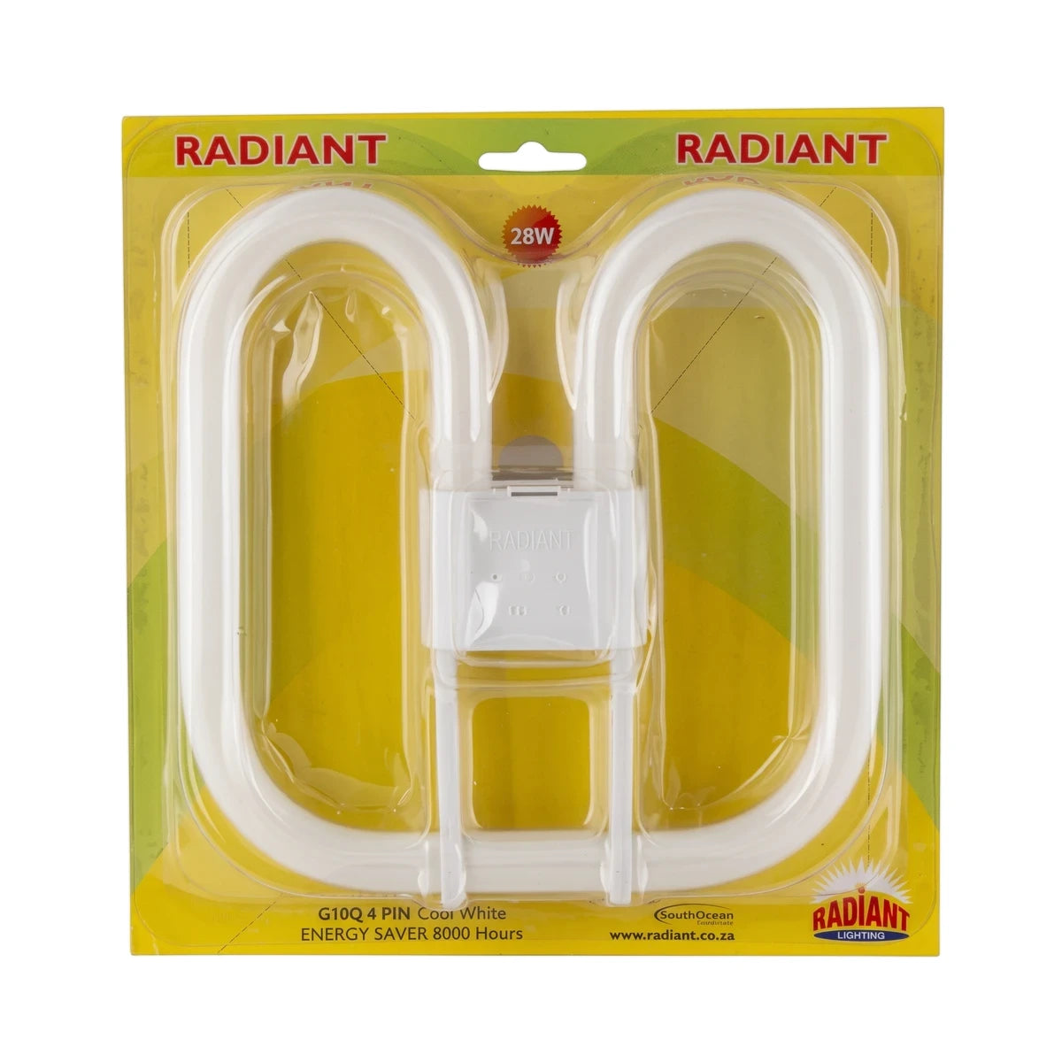 A Radiant 2D 28W GR10q 4-pin cool white energy saver lamp in its clear blister packaging with a yellow backing.