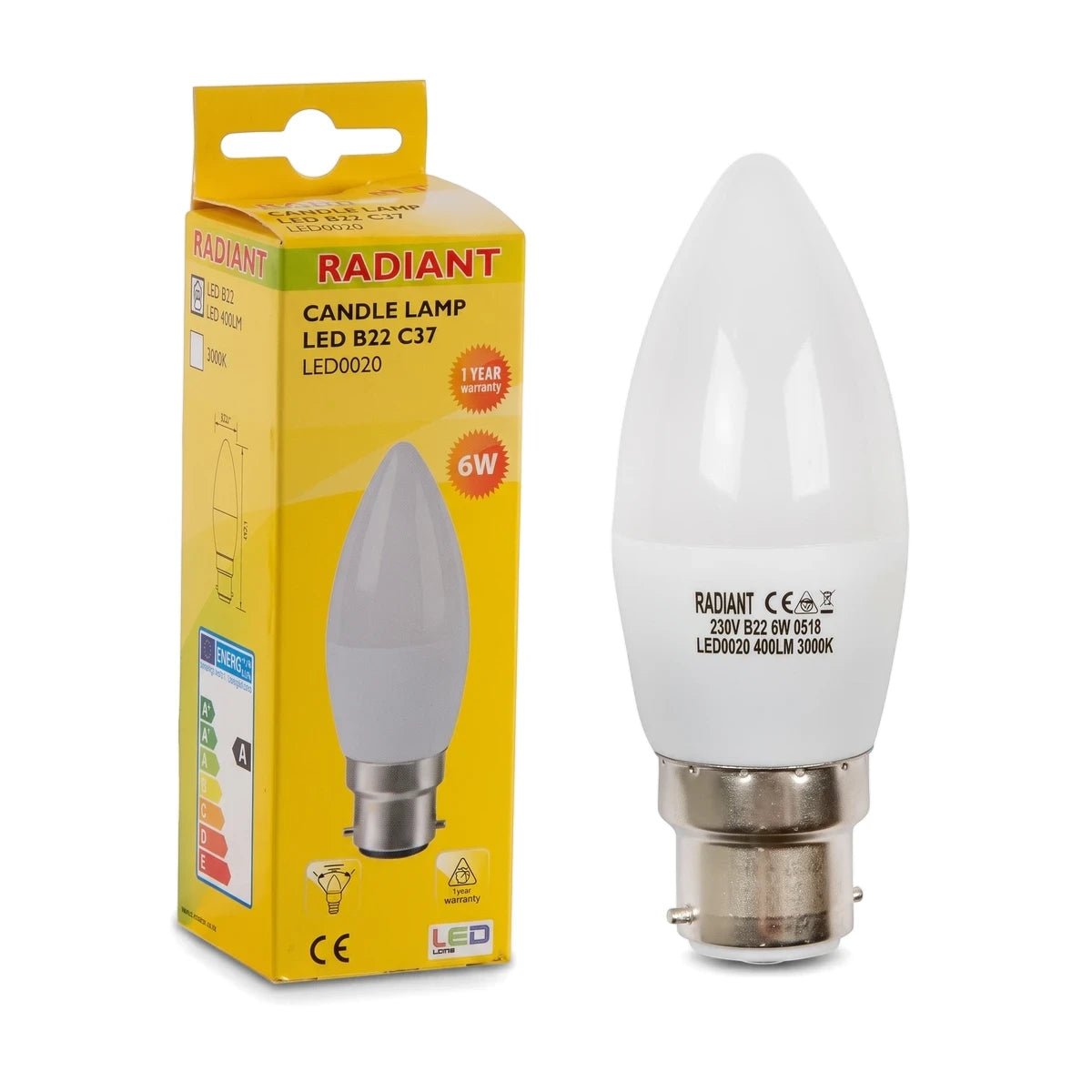 Frosted Radiant LED candle lamp bulb with a B22 bayonet cap and 6W power, shown next to its yellow product packaging.