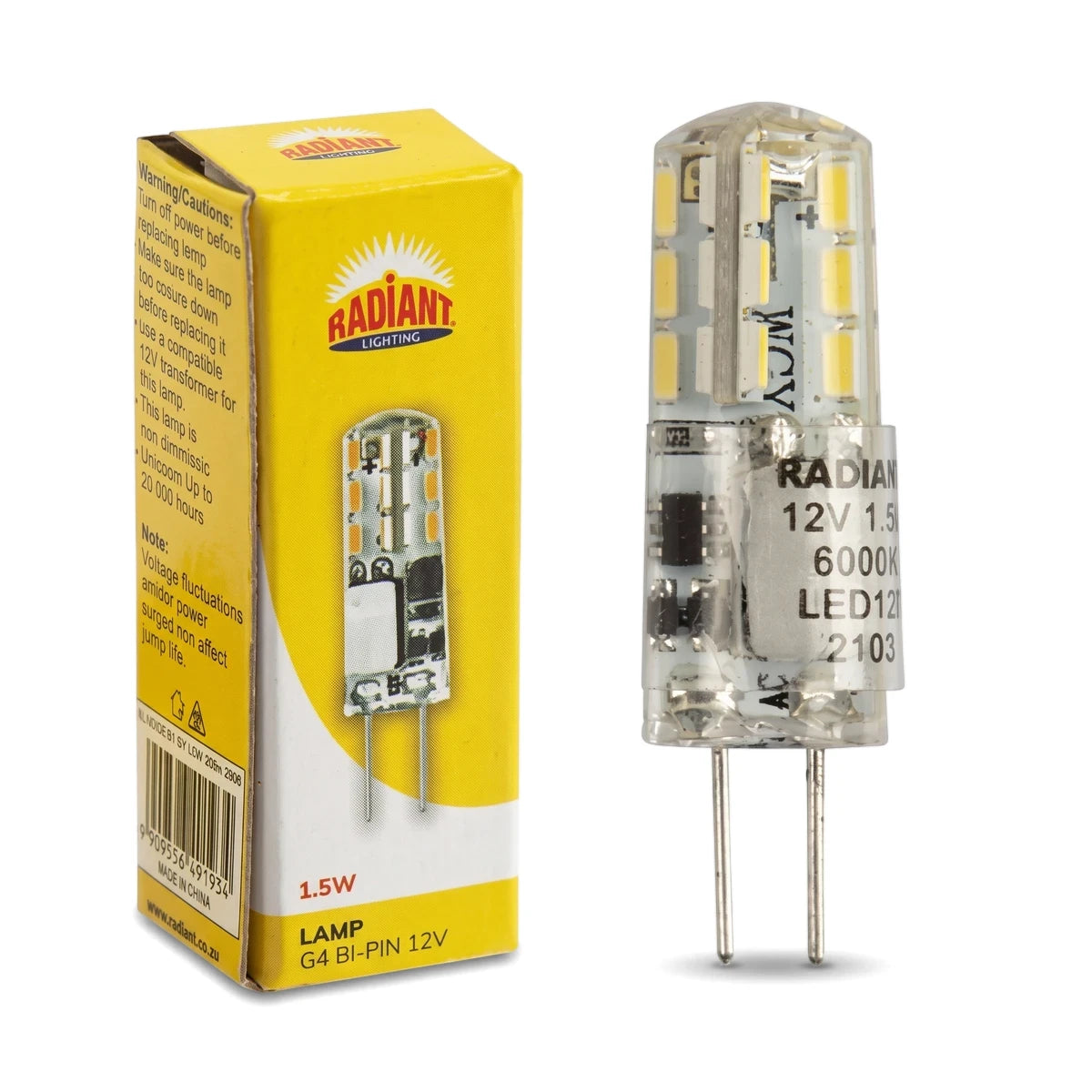 A Radiant 1.5W G4 bi-pin 12V LED lamp with 6000K color temperature, shown next to its yellow packaging box on a white