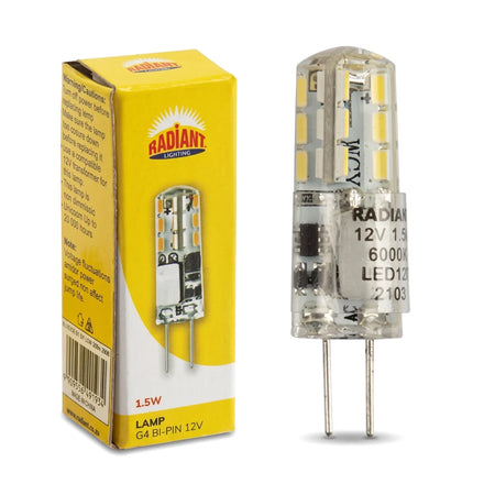 A Radiant 1.5W G4 bi-pin 12V LED lamp with 6000K color temperature, shown next to its yellow packaging box on a white