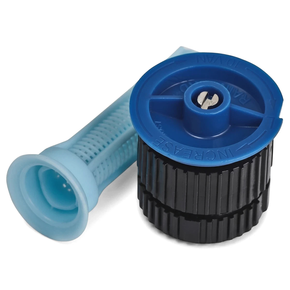 Blue and black Rainbird 10-Van irrigation nozzle with a light blue filter tube shown from a slightly elevated perspective.