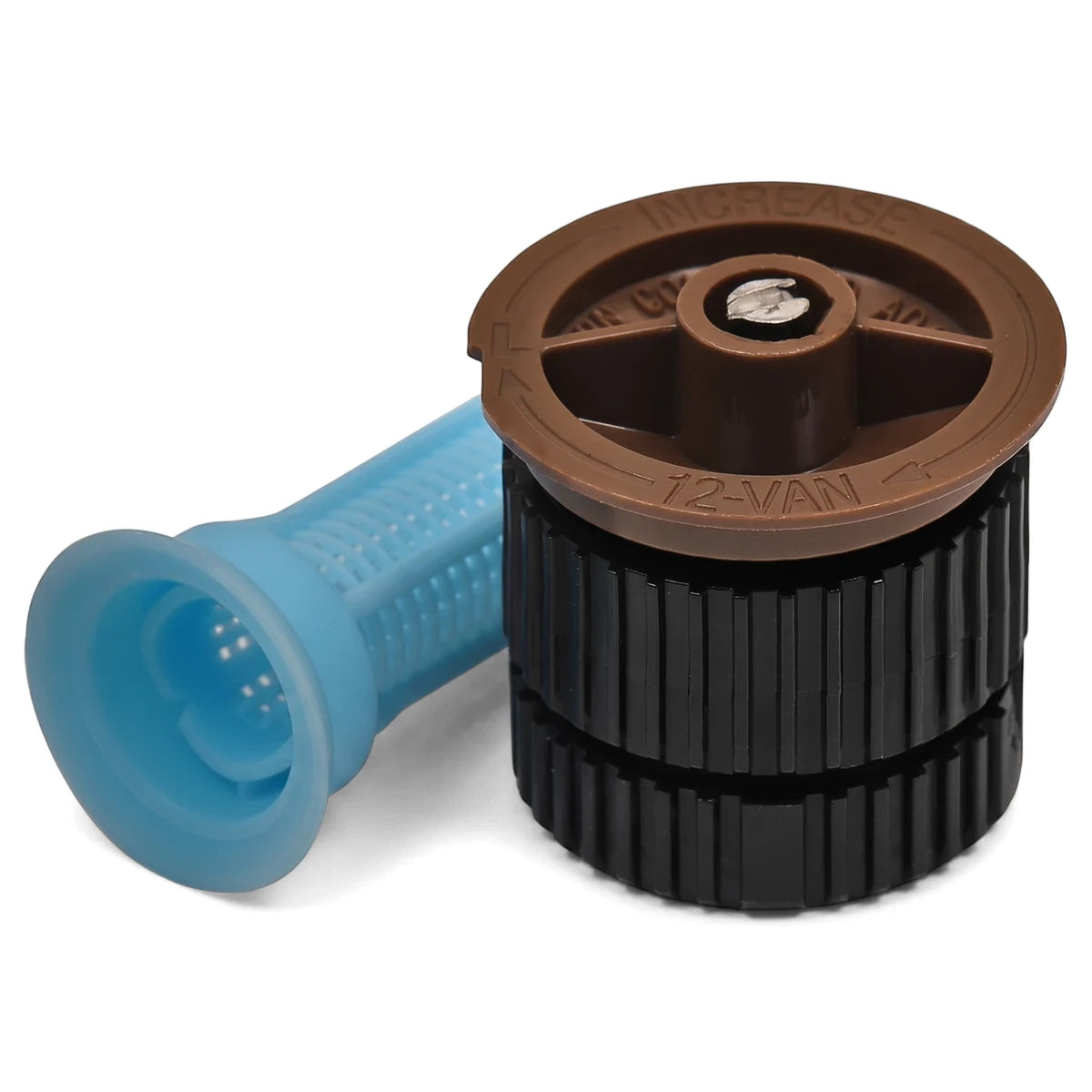 Close-up of a brown and black Rainbird 12-Van Nozzle with a blue filter, designed for irrigation systems.