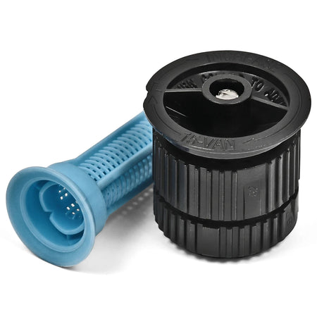Rainbird 15-Van Nozzle, an irrigation sprinkler head in black shown with its blue mesh filter.