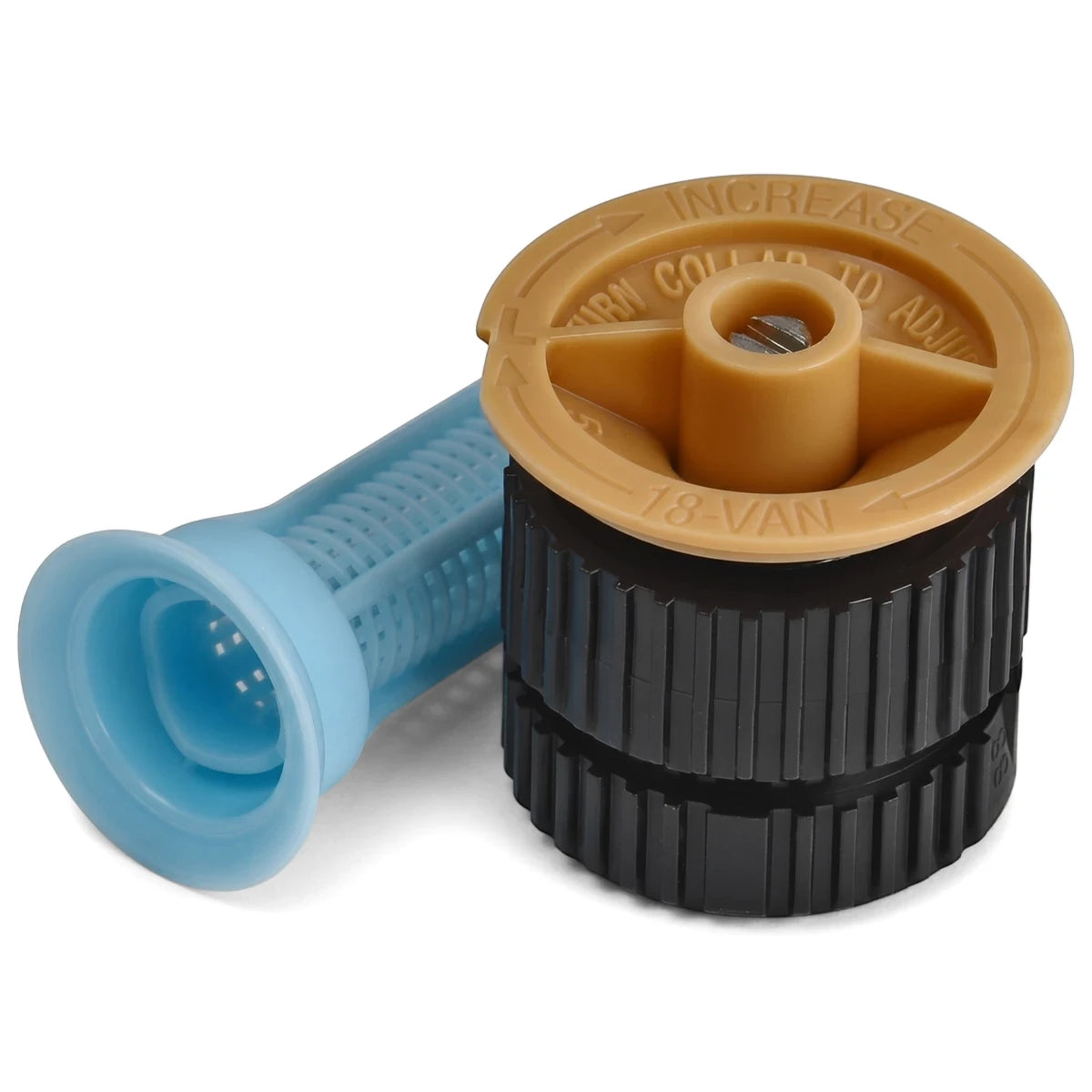 Rainbird 18-Van Nozzle for irrigation systems, featuring a brown adjustable top, black ribbed base, and blue filter.