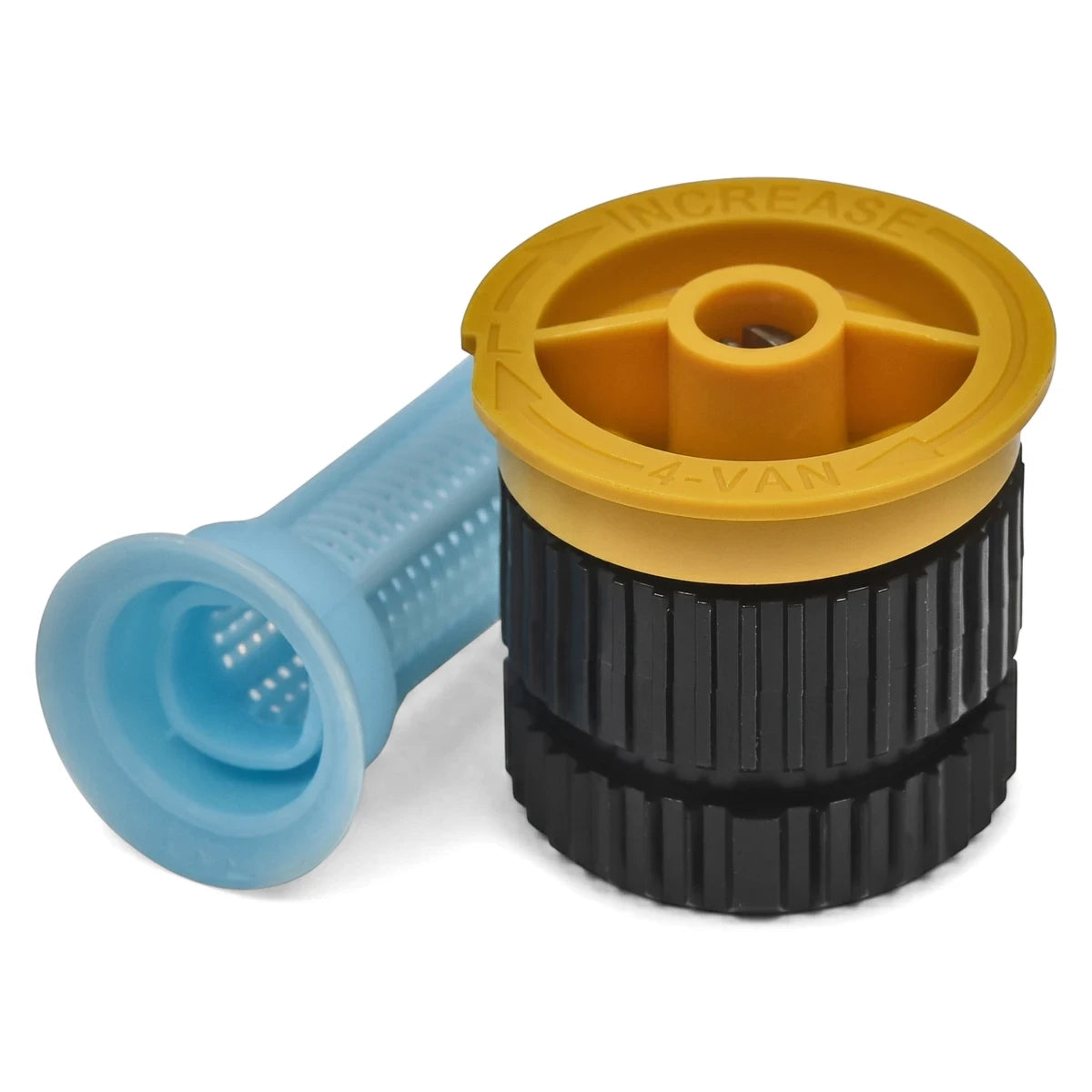 Close-up of a Rainbird 4-Van sprinkler nozzle with a yellow adjustment cap, black base, and blue mesh filter for irrigation