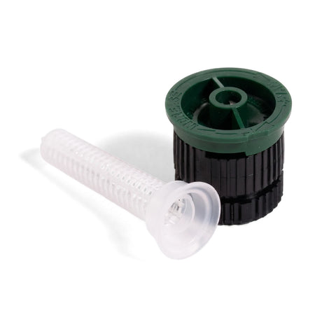 Rainbird 8-Van Nozzle with a green adjustable top and black ribbed base, accompanied by a white mesh filter, shown together