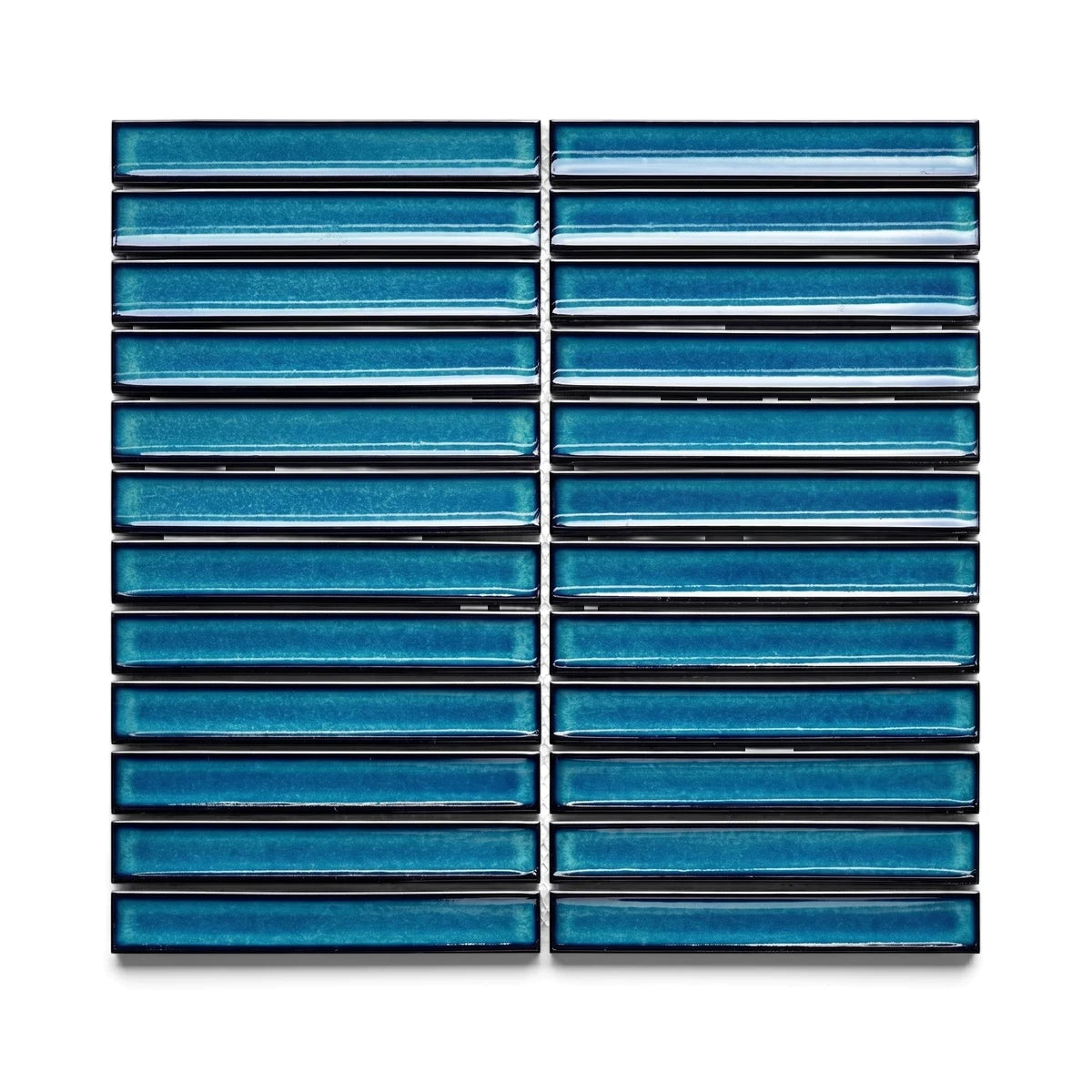 Rainforest Kit Kat Mosaic Tile in a vibrant blue-green color, featuring rectangular glossy ceramic tiles arranged in a grid