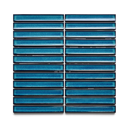 Rainforest Kit Kat Mosaic Tile in a vibrant blue-green color, featuring rectangular glossy ceramic tiles arranged in a grid
