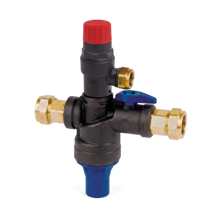 Rapid Valve 400Kpa valve with black body, red adjustment cap, and brass fittings, shown in side view