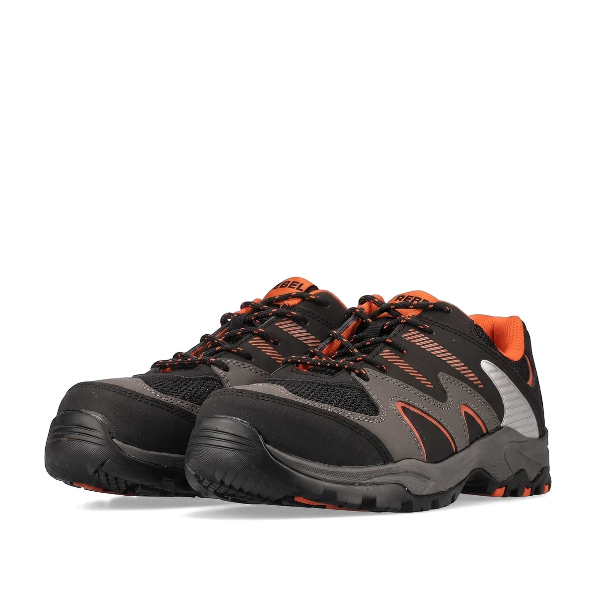 A pair of black, gray, and orange Rebel Active Enduro-Max safety shoes, featuring athletic styling and durable construction.