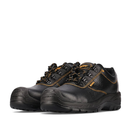 Pair of black Rebel Safety Shoes featuring yellow contrast stitching, black and yellow laces, and reinforced toe caps,