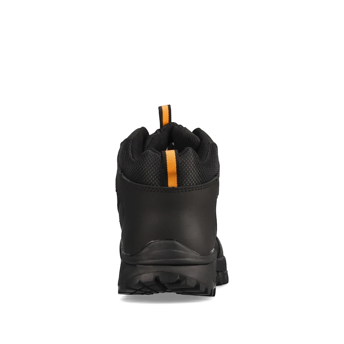 Back view of a black Rebel Chemitrak S3 Chemical Resistant Safety Boot with orange pull tabs and a lug sole.
